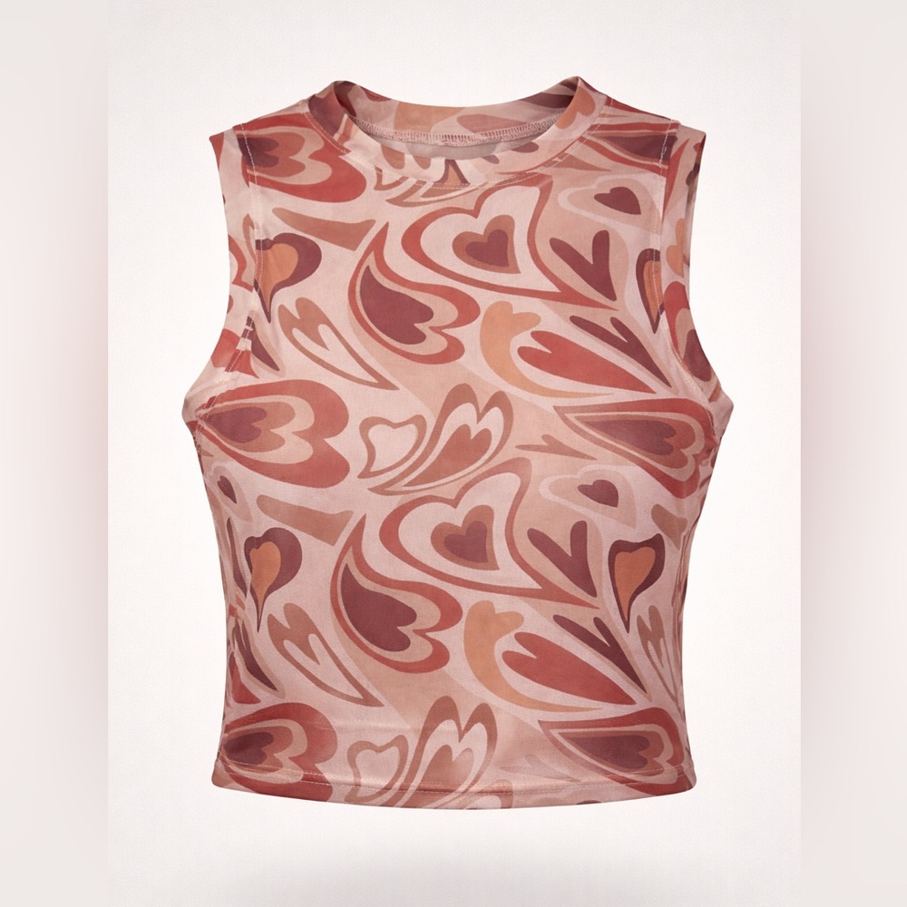 Sheer Heart Print Mesh Tank‎ Top | Sleeveless | Y2K Vibes | Juniors L